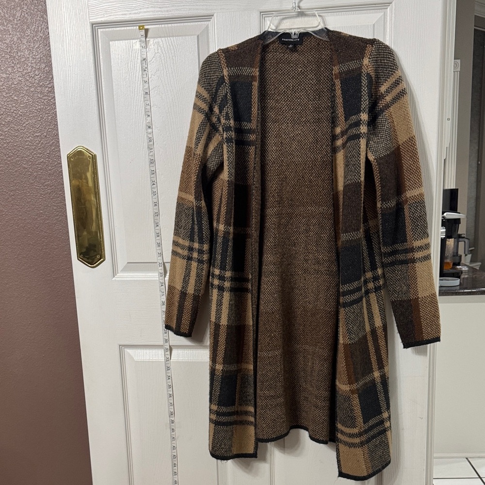 Elegant Plaid Open Front Cardigan - Brown and Black